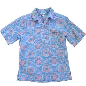 Mens Vintage Hawaiian Aloha Shirt Medium Kalani Pullover Collar Blue Pink
